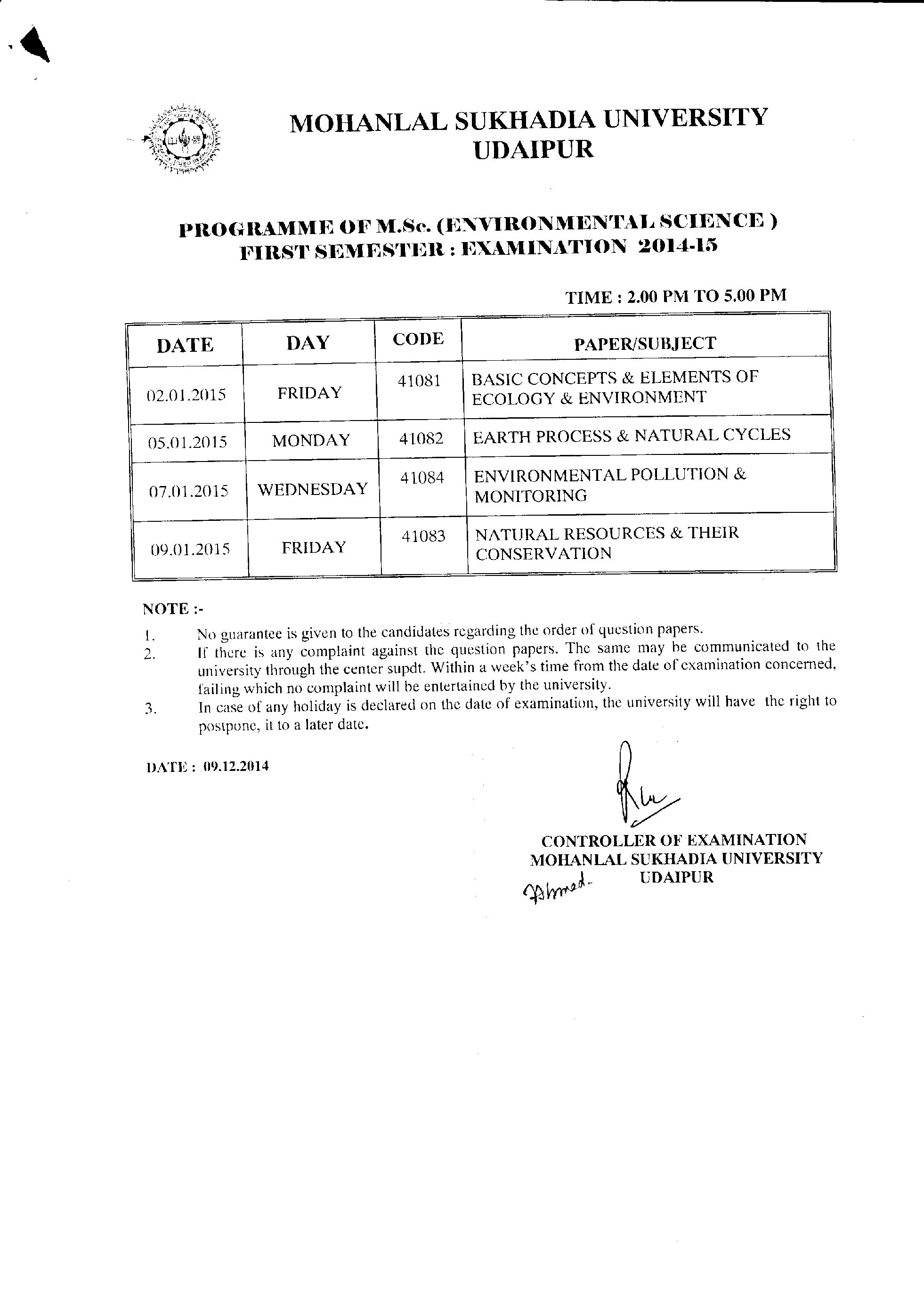 Programme of M.Sc. First Semester Environmental Science Mohanlal