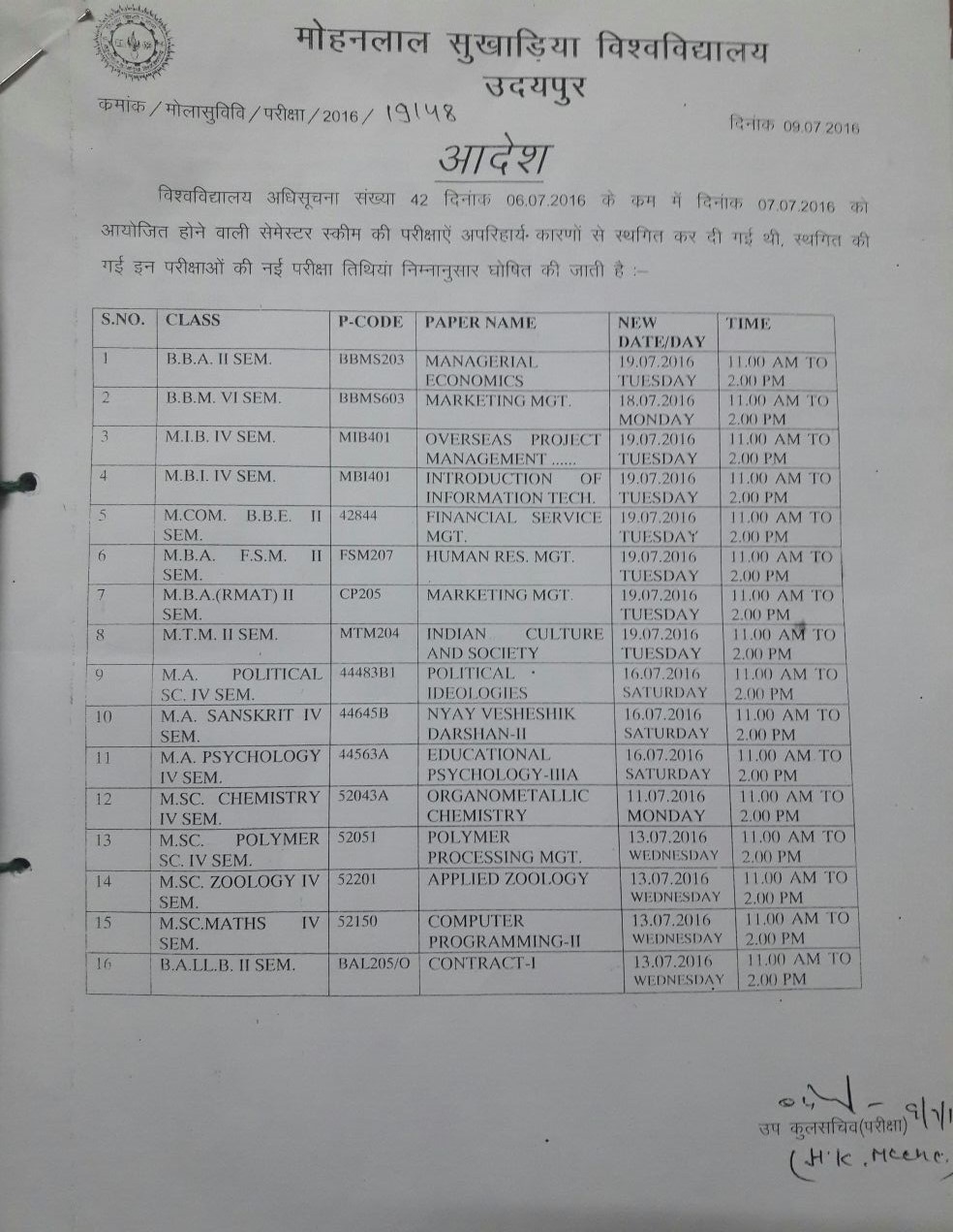 Time Table For All Semester Courses :: Mohanlal Sukhadia Univerity Udaipur